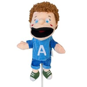 Childrens Plush Hand Puppet Boy Blue Outfit Letter A Green Shoes 13"